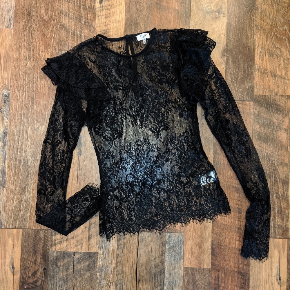 TOBI NICKIE BLACK DBL RUFFLE LONG SLEEVE LACE TOP - Picture 5 of 8